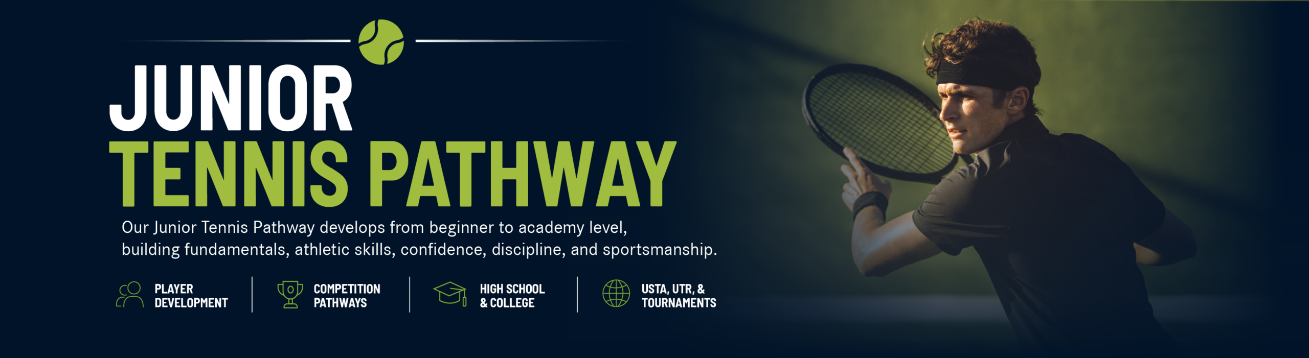 Junior tennis player holding a racquet beside Club Fit's Junior Tennis Pathway program information.