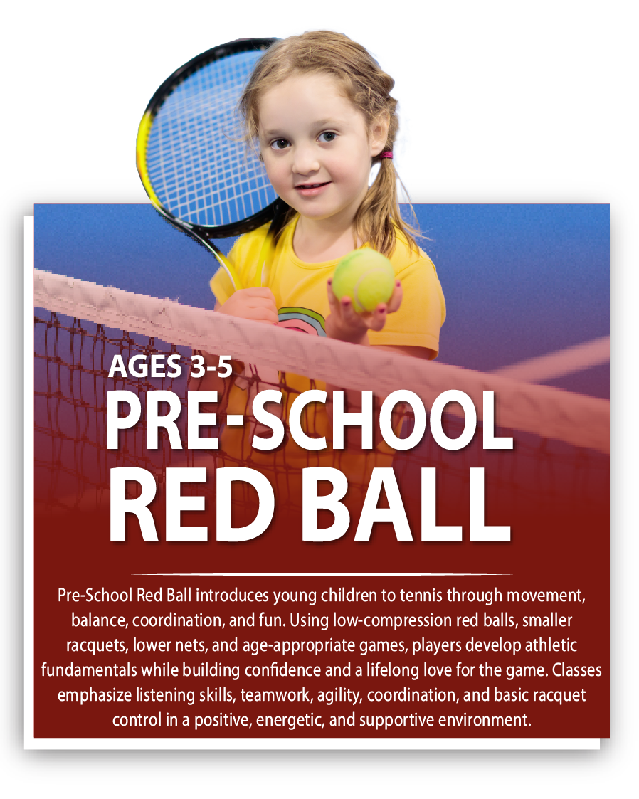 preschool redball square Pre-School Red Ball level in the Club Fit Junior Tennis Pathway, introducing young children to tennis through movement, coordination, and foundational skills.