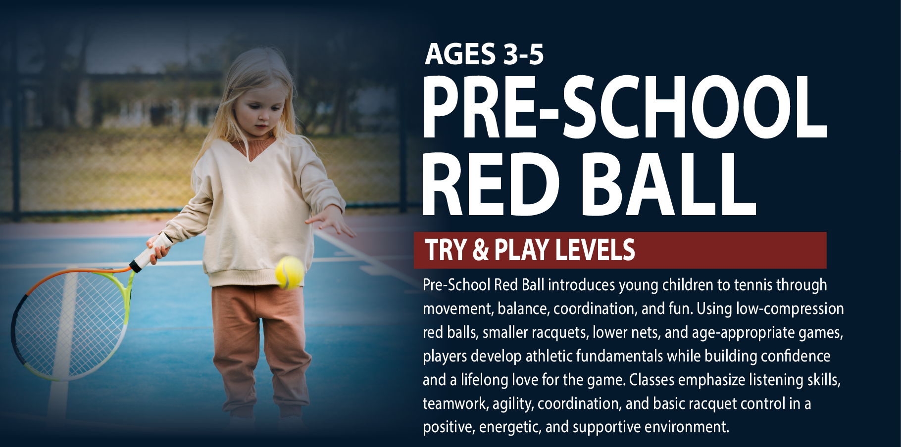 Pre-School Red Ball junior tennis program at Club Fit, introducing young children to tennis through fun, movement, coordination, and foundational skills.