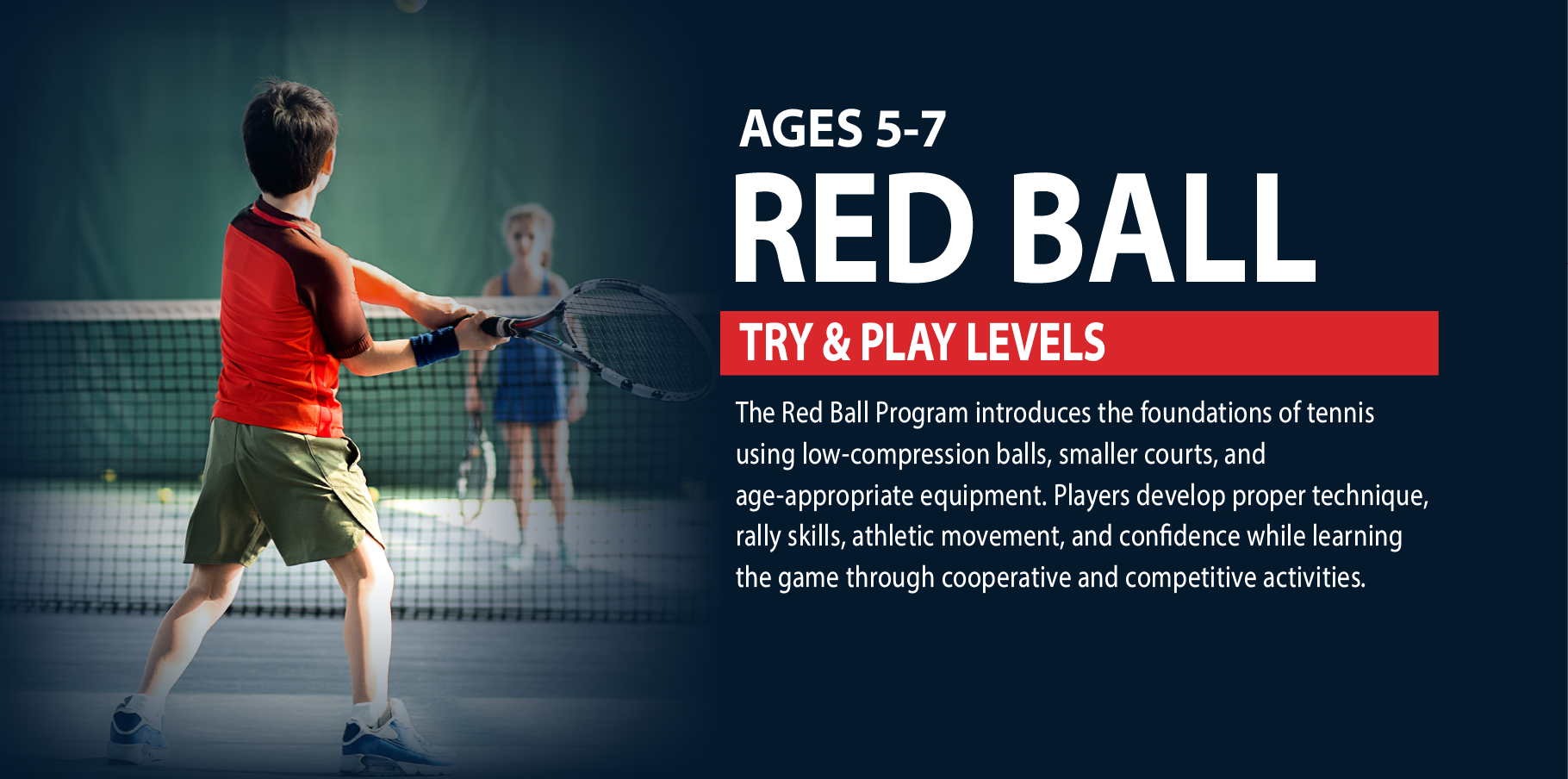 Red Ball junior tennis program at Club Fit, helping young players build tennis fundamentals, movement, coordination, and confidence.