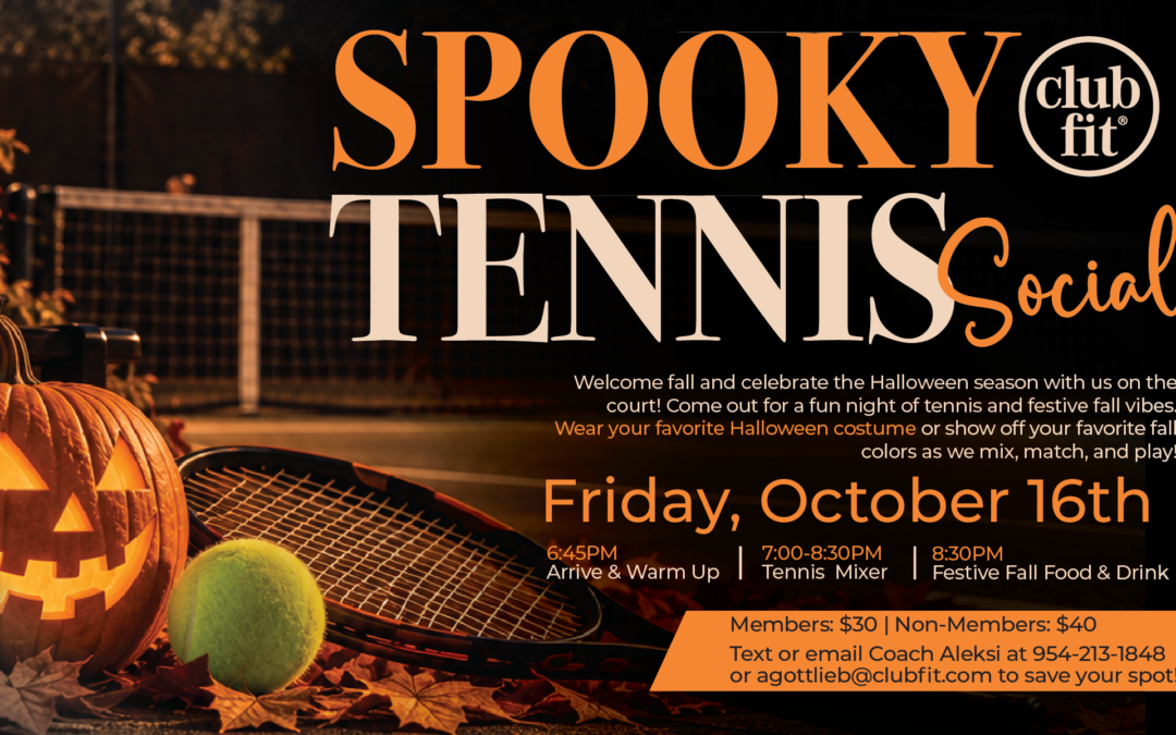 Fall In Tennis Mixer at Club Fit on Friday, October 16. Arrive and warm up at 6:45 PM, tennis mixer from 7–8:30 PM, followed by festive fall food and drinks. Members $30, non-members $40. Contact Coach Aleksi at 954-213-1848 or agottlieb@clubfit.com to reserve a spot.