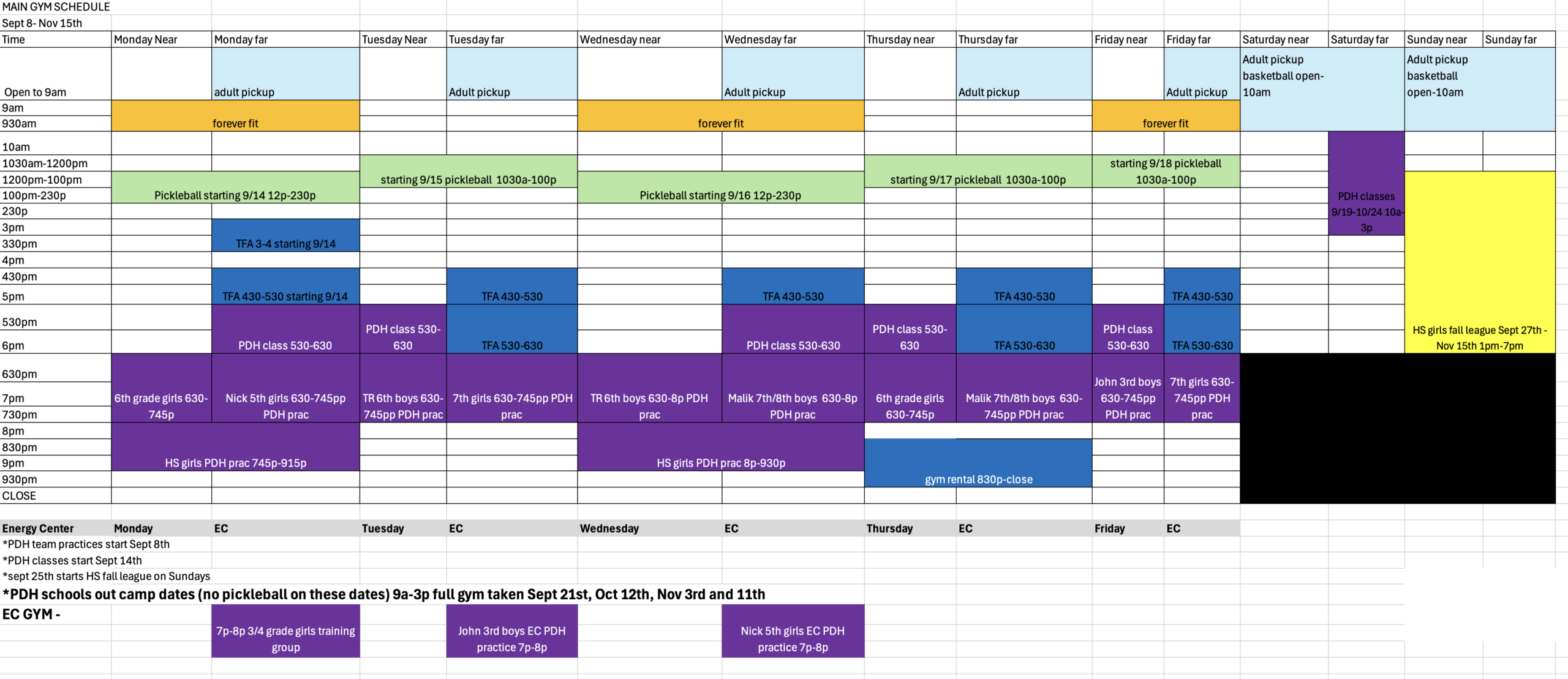 Club Fit Briarcliff Gymnasium Schedule September 8th through November 15th