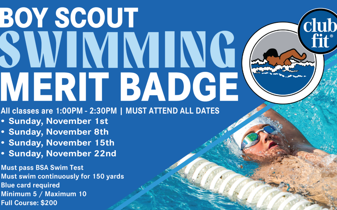 Earn your Swimming Merit Badge at Club Fit Jefferson Valley! Join us for our Boy Scout Swimming Merit Badge Course, where Scouts will strengthen their swimming skills, build confidence in the water, and work toward earning their badge! Dates: Sundays, November 1, 8, 15 & 22 Time: 1:00–2:30 PM Cost: $200 for the full course Participants must attend all four sessions, pass the BSA Swim Test, and be able to swim continuously for 150 yards. A blue card is required. Space is limited to 10 participants! Secure your spot today.